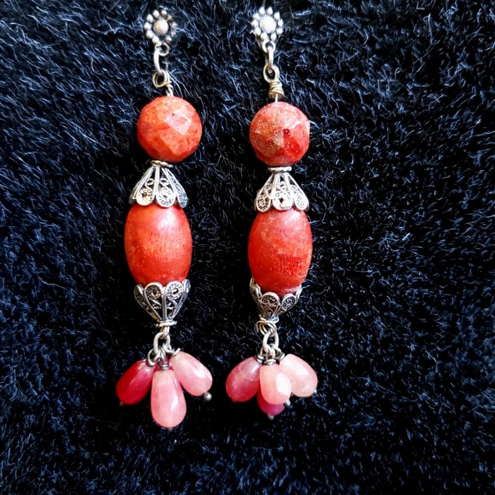 Red coral and sterling silver filagree earrings